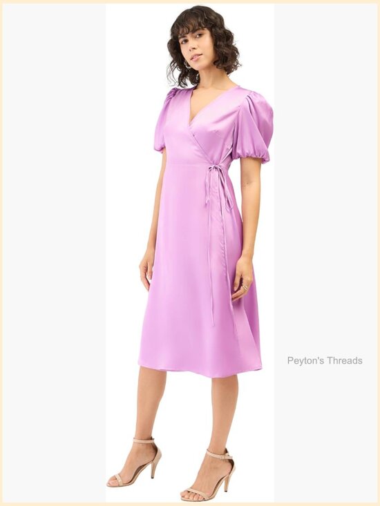 Dresses & Skirts - Midi Length Wrap Dress – Satin V-Neck Fit & Flare Balloon Sleeves